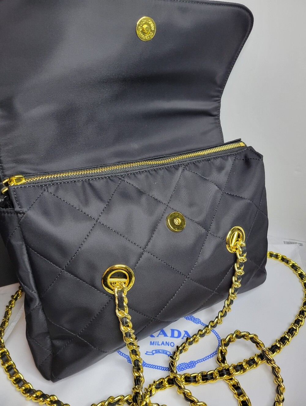 GWP Prada Black Quilted Tessuto Nylon Chain Bag 9"x8", New In Box - Picture 6 of 15